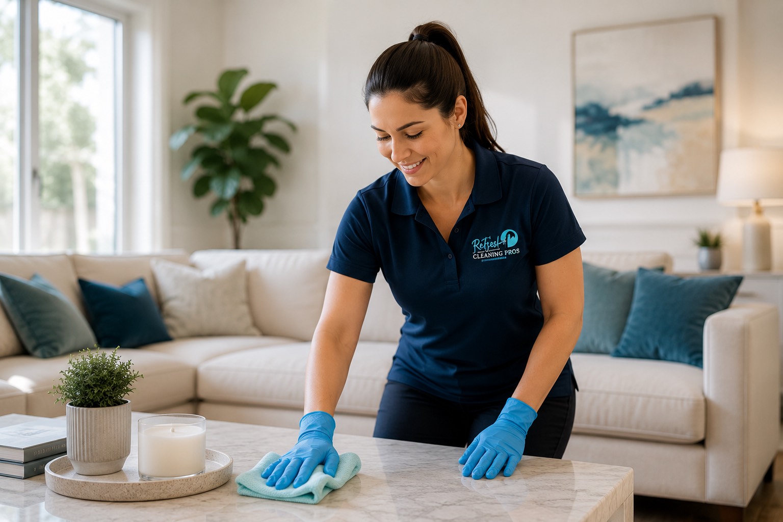 Professional cleaner detailing a bright modern living room