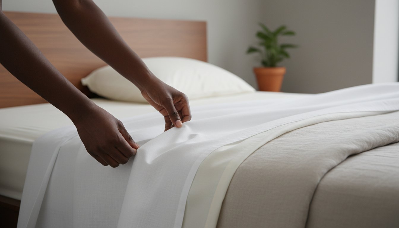 Fresh white towels arranged on a freshly made bed